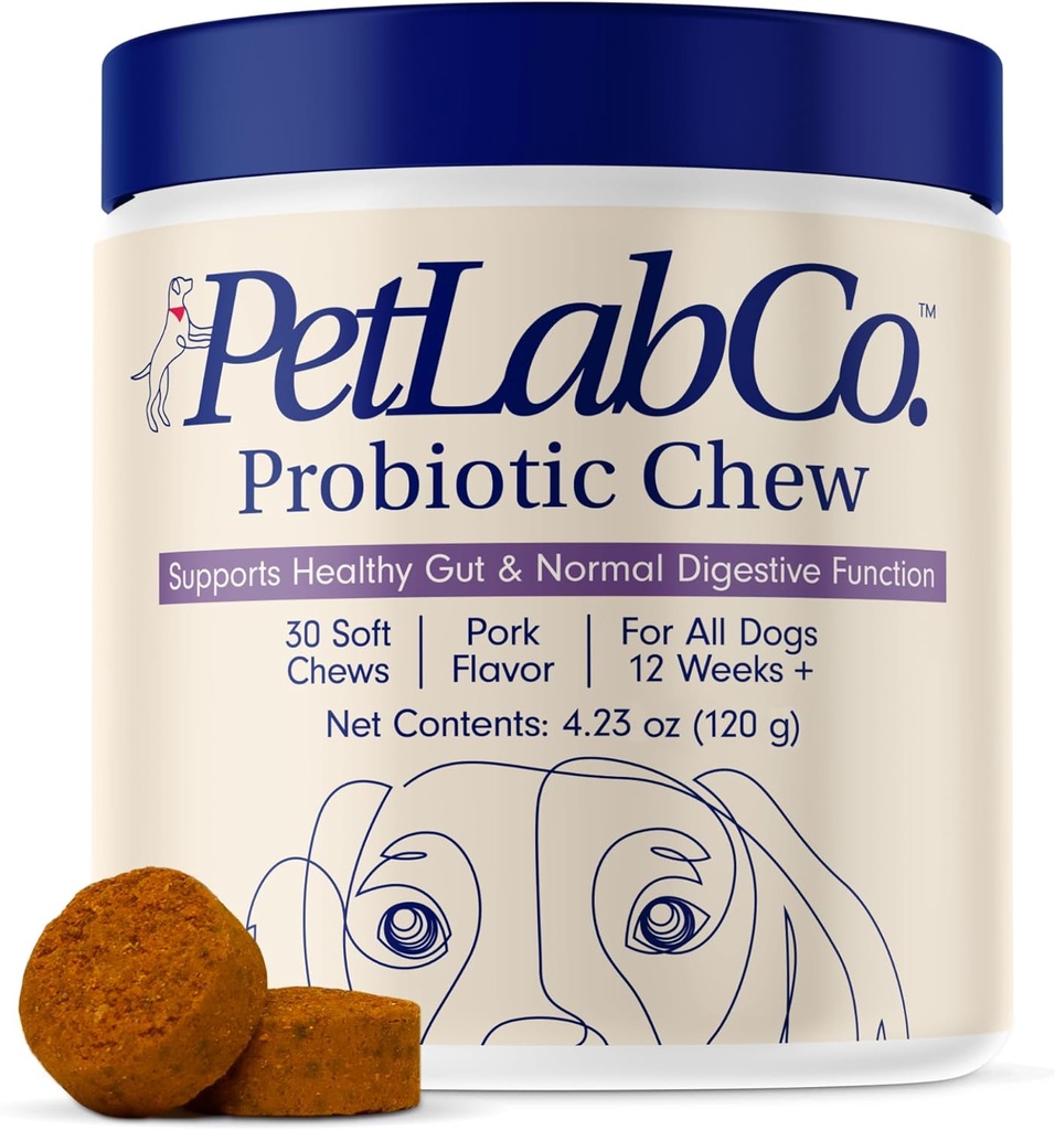 PetLab Co. Probióticos para Perros, Asistencia Gut Health, Diarrea Ocasional, Salud Digestiva " Alergias estacionales - Sabor de cerdo - 30 Mandíbulas suaves - Embalaje mayo Vary