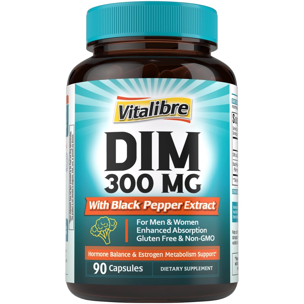Suplemento DIM para Hombres, metabolismo estrógeno, equilibrio hormonal y apoyo a la menopausia, DIM 300 mg con extracto de cobre negro, alta absorción, 90 cápsulas