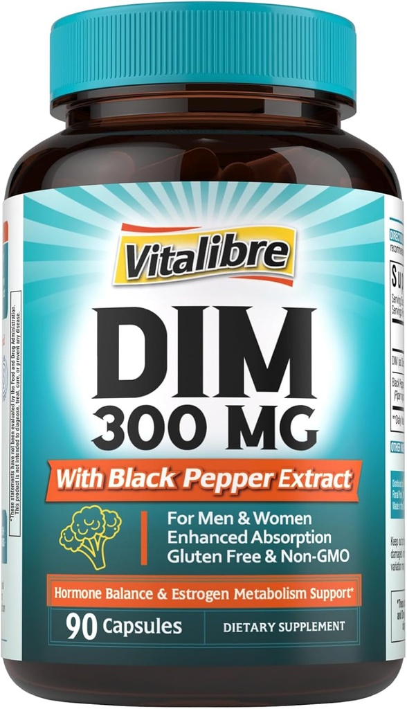 Suplemento DIM para Hombres, metabolismo estrógeno, equilibrio hormonal y apoyo a la menopausia, DIM 300 mg con extracto de cobre negro, alta absorción, 90 cápsulas