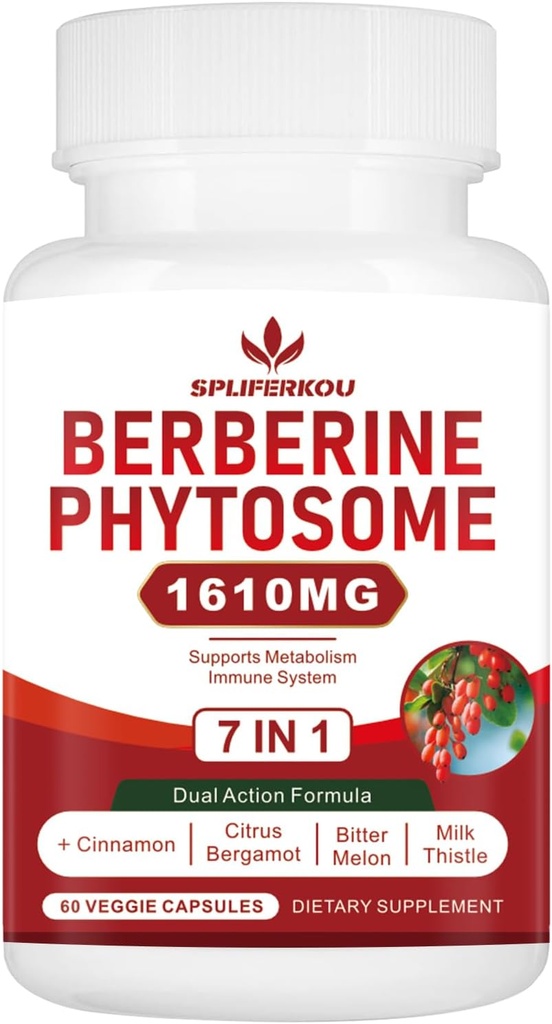 Phytosome de 7 en-1 Berberine con canela de Ceylán, Complejo de Berberine admite metabolismo, función del hígado y sistema de inmunidad, no GMO, libre de gluten - 60 cápsulas