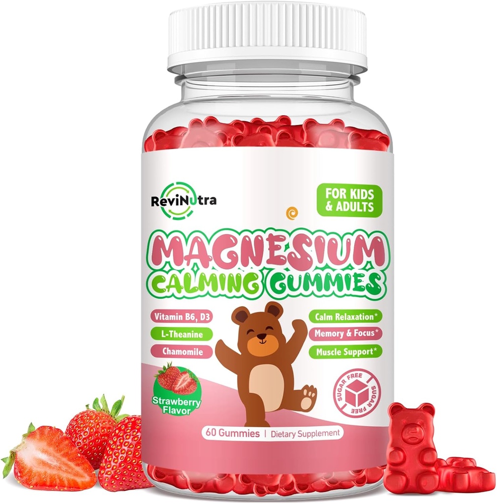 Magnesium Gummies para niños - Magnesium Glycinate Gummies Suplemento con L-Theanine, Vitamina B6, D3 para niños y adultos Dormir, Calma, Relajación, Cerebro, Huesos, Azúcar Fresa Gratuita 60ct