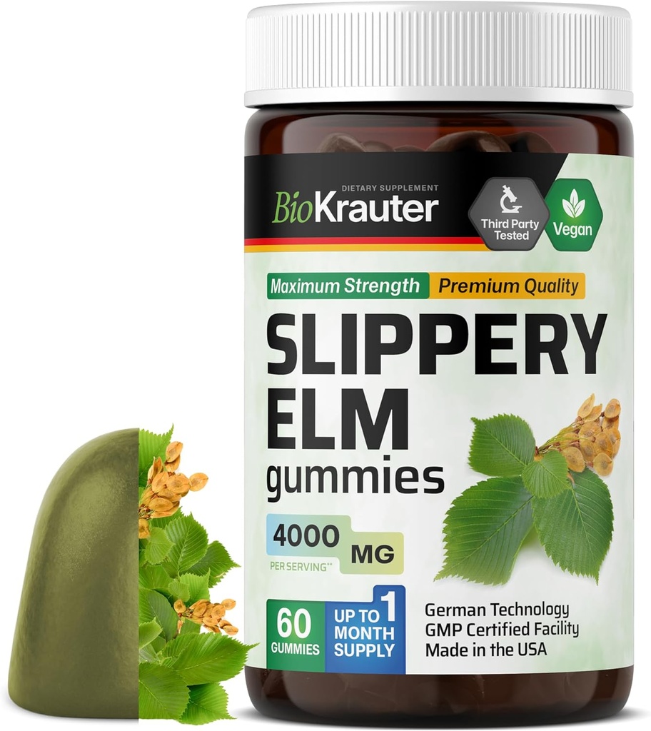 BIO KRAUTER Slippery Elm Gummies 4000 mg - 60 Cuenta 30 Días de Suministro - Soporte respiratorio digestivo - Ulmus Rubra Gummies for Lungs - Slippery Elm Bark for Women &amp; Hombre - Vegan, GMO-Free