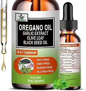 Óleo Orgánico de orégano con aceite de semilla negra, gotas líquidas de aceite de orégano w / hoja de oliva acrílica Elderberry para inmuno, soporte digestivo " antioxidante, suplemento de apoyo razonable para mujeres hombres