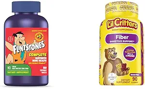Flintstones Vitaminas Chewable Niños Vitaminas, Multivitamínico completo &amp; L’il Critters Fiber Daily Gummy Suplemento para niños, para el soporte digestivo, Berry y Lemon Flavors, 90 Gummies