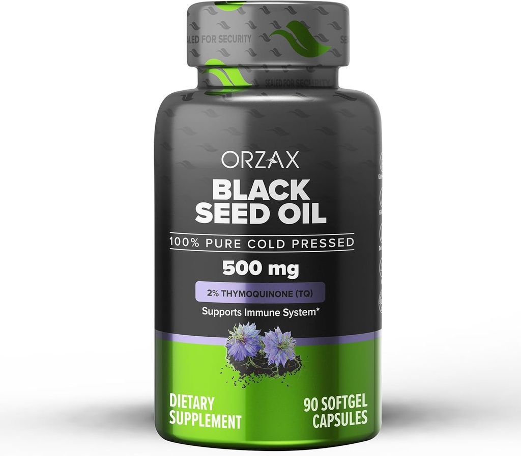 ORZAX Black Seed Oil Cold Pressed 100% Pure ← Non-GMO - Rich in Omega 3 6 9 " Thymoquinone ← Black Cumin Nigella Sativa Oil for Immune Support, Hair, Skin, Face (500 mg - 90 Softgel Capsules)