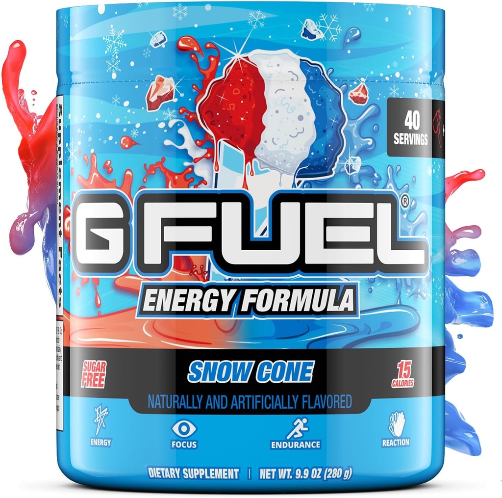 G Fuel Snow Cone Energy Drink Powder, Pre Workout Caffeine Mix for Gaming, Sugar Free Focus Amino, Vitamina + Antioxidantes, 9.9oz (Snow Cone, 40 Servings)