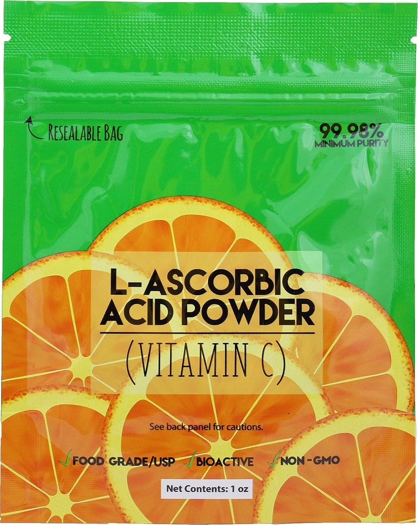 Duda Energy asc01oz Bag of L-Ascorbic Acid Powder 99+% Food Grade USP36/BP2012 Naturally Fermented Pure Crystals Form of Vitamin C, 1 oz., White