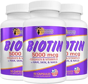 Sunshine Naturals Biotin Suplemento dietético. para la piel más saludable, cabello delgado, crecimiento de la uñas. Collagen, vitamina A, B para la pérdida del cabello, belleza, renovación celular, salud del cuero cabelludo. 5000 mcg. 90 cápsulas. Paquete de 3