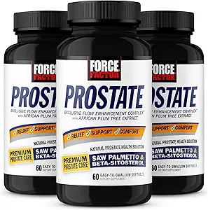 FORCE FACTOR Prostate, 3-Pack, Saw Palmetto y Beta Sitosterol Suplemento para Hombres, Apoyo a la Salud de la Prostata, Soporte de Tamaño, Alivio urinario, Control de la vejiga, Reducir la orina nocturna, 180 Softgels