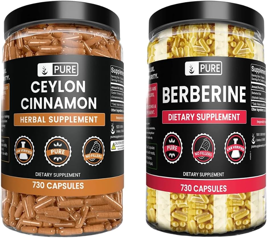 PURE ORIGINAL INGREDIENTES Ceilán Cinnamon y Berberine Capsules Bundle (730 capsules cada uno) No Magnesio o Rice Fillers, Lab Verified