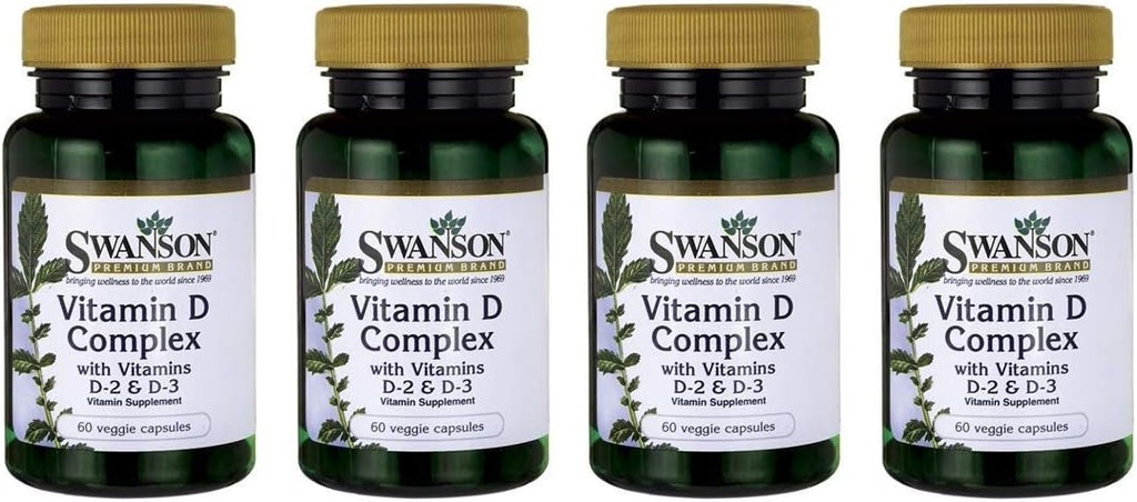 Complejo de vitamina D Swanson con vitaminas D2 &amp; D3 - Complejo completo de vitaminas Sunshine para la salud ósea, dental e inmunitaria - Suplemento de vitaminas ( 50 mcg, 60 cápsulas vegetales ) 4 Pack