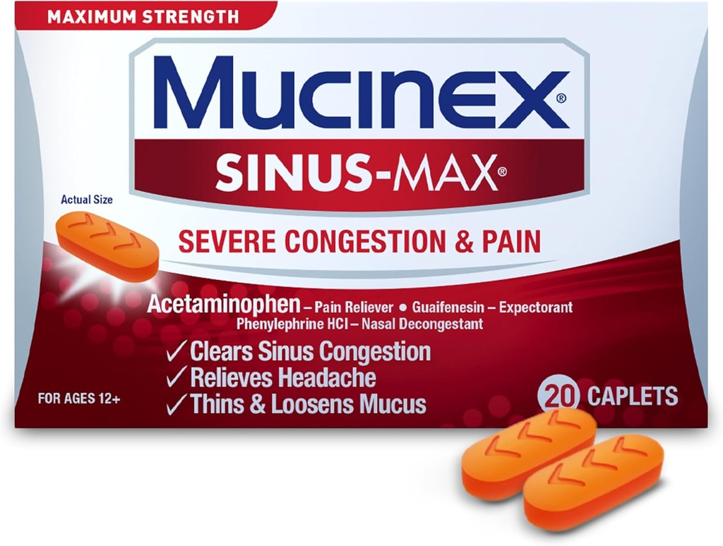 Mucinex Sinus-Max Severe Congestion Relief Caplets, 20 Condes