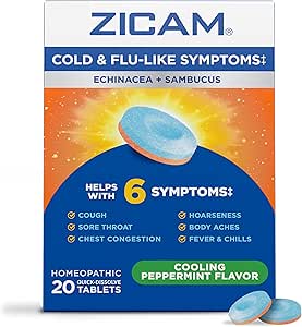 Zicam Cold &amp; Flu-Like Symptoms with Echinacea and Sambucus, Homeopathic, Zinc, Cooling Peppermint Flavor, Ayuda con los síntomas fríos, 20 Tablets