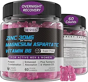 Suplemento de Zinc y Magnesio, Magnesio Zinc Aspartate Post Gummies para Hombre Mujeres, con Vitamina B6, B12, D3, Turmérica para la Recuperación de Noche, Reducir la Fatiga, Inmunity Boost &amp; Sleep, 60 Cuenta