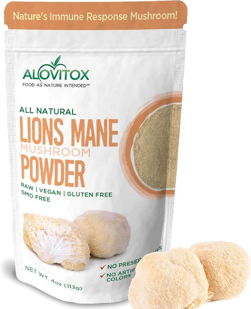 Alovitox Organic Lion's Mane Mushroom Powder | Natural Superfood for Brain, Energy & Immune Health, Provides Neural Support, GI Protection, Cardiovascular Benefits | Non-GMO, Vegan, Gluten-Free | 4 oz