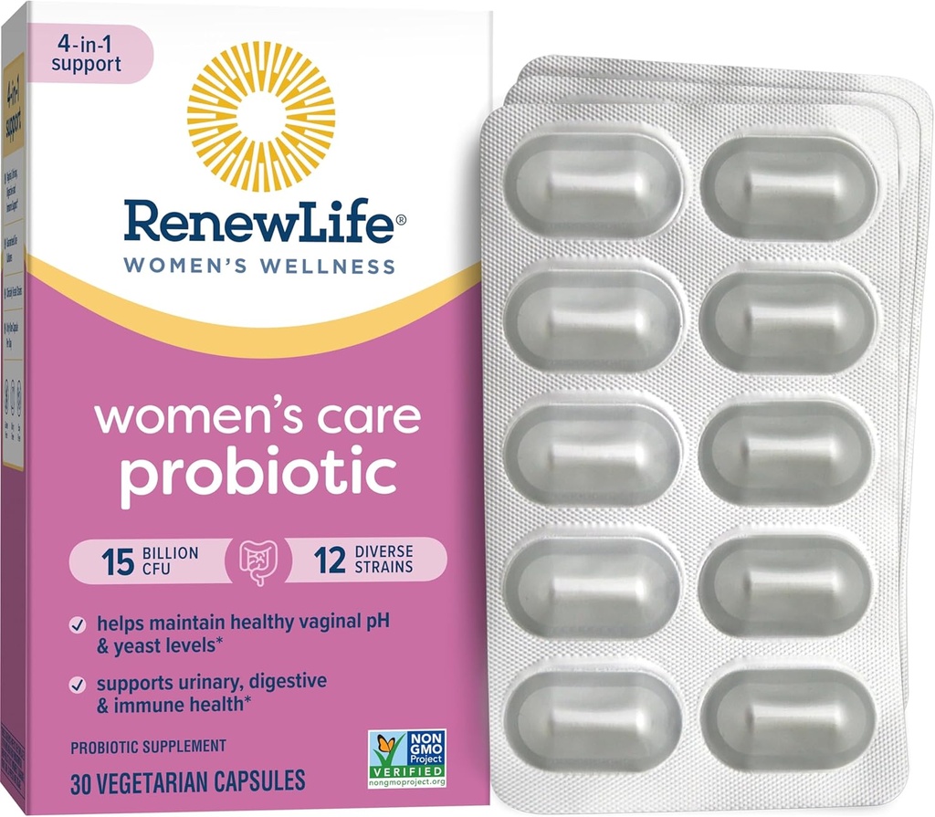 Renew Life Women's Probiotic Capsules, Supports pH Balance for Women, Vaginal, Urinary, Digestive and Immune Health, L. Rhamnosus GG, Dairy, Soy and Gluten-Free, 15 Billion CFU - 30 Ct