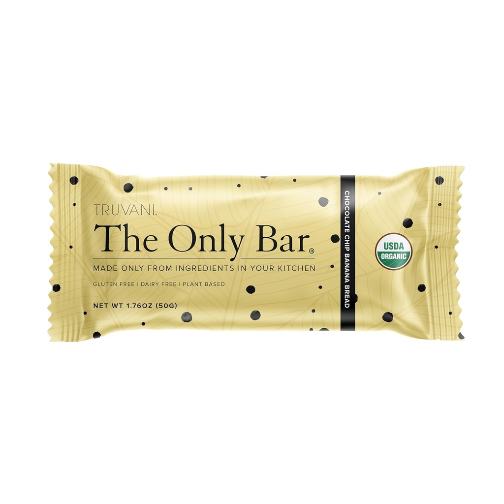 Truvani Plant Based Snack Bares ← Chocolate Chip Banana Pan 1 Pack TEN 5g Protein TEN USDA Orgánica y Vegan Silencio El Único Bar TENIDO Dairy, Soy y Gluten Gratis TENIDO