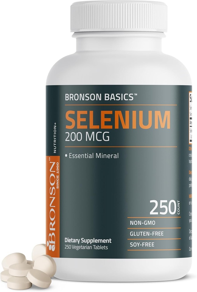 Bronson Selenium 200 mcg Immune & Antioxidante Soporte Mineral esencial, 250 tabletas vegetarianas