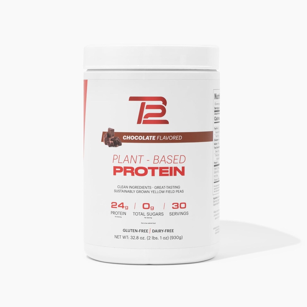 TB12 Plant Based Protein Powder by Tom Brady, 24g of Vegan Pea Protein, Low Sugar, Low Carb, Non-GMO, Meal Replacement, Keto Friendly, Paleo, Sugar Free, Chocolate Flavor (30 Servings/2.25lbs)