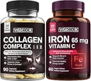 Collagen Peptides e Iron Bundle, 2025 MG Collagen, Zero Sugar, 65 MG Elemental Iron, Carbonyl Iron con vitamina C, Gentle on The Stomach