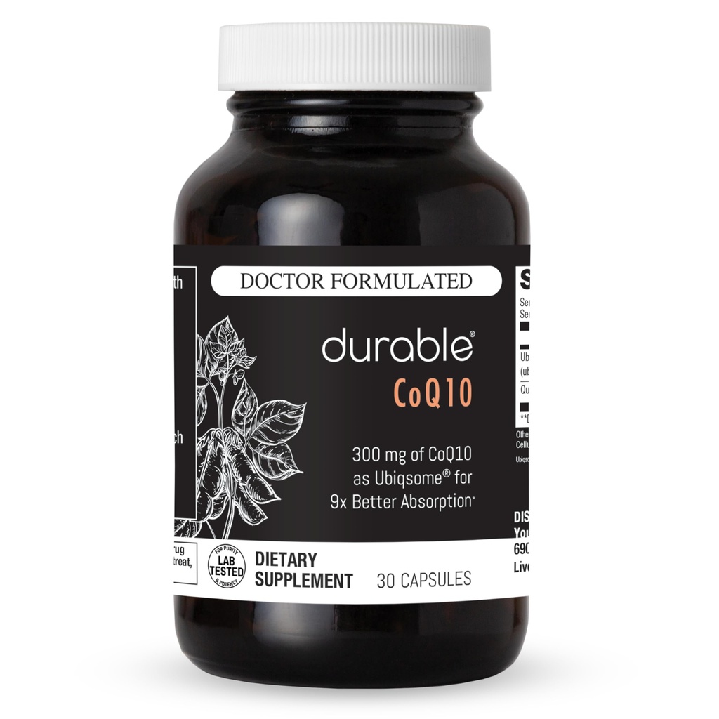 CoQ10 Durable – 300 mg Coenzima Q10 Fitoma con 9X Mejor Absorción + Quercetina – Corazón, Energía y Soporte Celular – Doctor Formulado, Vegano, No GMO, Hecho en EE.UU., Una vez por día (30 cápsulas)