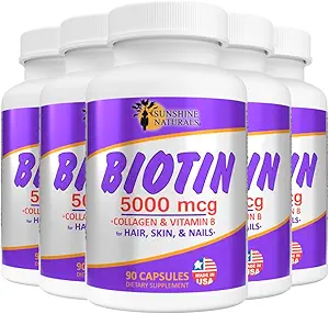 Sunshine Naturals Biotin Suplemento dietético. para la piel más saludable, cabello delgado, crecimiento de la uñas. Collagen, vitamina A, B para la pérdida del cabello, belleza, renovación celular, salud del cuero cabelludo. 5000 mcg. 90 cápsulas. Pack de 5