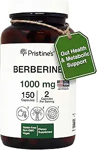 PriSTINE'S Berberine Supplement Capsules - 1000 MG 75 Day Supply 150 Capsules - Heart, & Immunity Health Support Antioxidant - Digestive Tract & Healthy Gut Flora Support