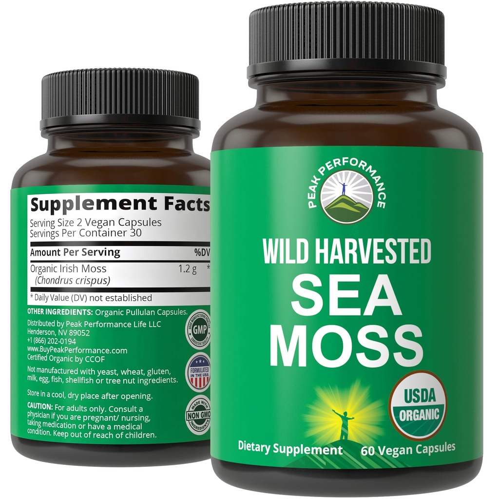 Moss de Mar Orgánico Capsules. Wild Harvested Sea Moss Raw Organic Vegan Supplement from Red Algae Seaweed. 100% entero Extract Raw Irish SeaMoss Superfood Pills. para Gut, Respiratory, Immune Support.