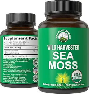 Moss de Mar Orgánico Capsules. Wild Harvested Sea Moss Raw Organic Vegan Supplement from Red Algae Seaweed. 100% entero Extract Raw Irish SeaMoss Superfood Pills. para Gut, Respiratory, Immune Support.