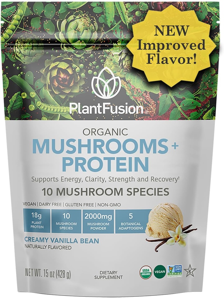 Plantafusion Mushroom Protein Powder - 3 en 1 Pólvora Vegan Proteína, Suplemento de Mushroom y Suplemento Adaptógeno - Apoyo mental, inmunidad y recuperación - Vainilla 1lb