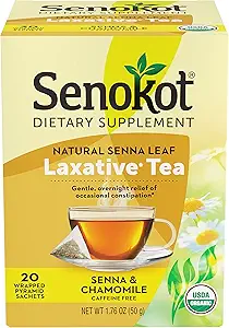 Senokot Dietary Supplement, Natural and Organic Senna Leaf, Laxative Tea for Occasional Constipation, 20 Wrapped Pyramid sachets, Certified Organic.