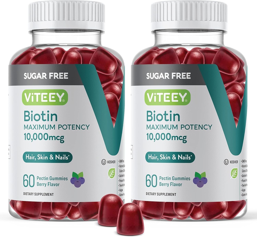 Viteey Biotin Gummies for Hair, Skin, and Nails 10,000mcg - Sugar Gratis - Crecimiento del cabello Gummies, Flujo de piel saludable, Crecimiento de uñas saludable fuerte - Vegan, Gluten Free, Gelatin Free- Tasty Berry Flavor
