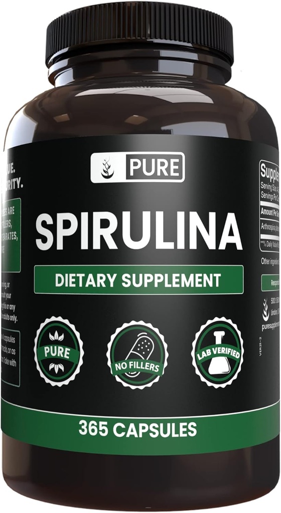 Ingredientes originales puros Spirulina (365 capsules) No hay magnesio o rifles de arroz, siempre puros, el laboratorio verificado