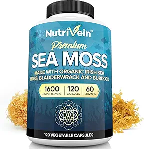 Nutrivein Organic Sea Moss 1600mg Plus Bladderwrack & Burdock - 120 Caps for Adults - Prebiotic Super-Food - Immune System " Digestive Health - Thyroid, Skin, Keto Detox, Gut, Joint Support