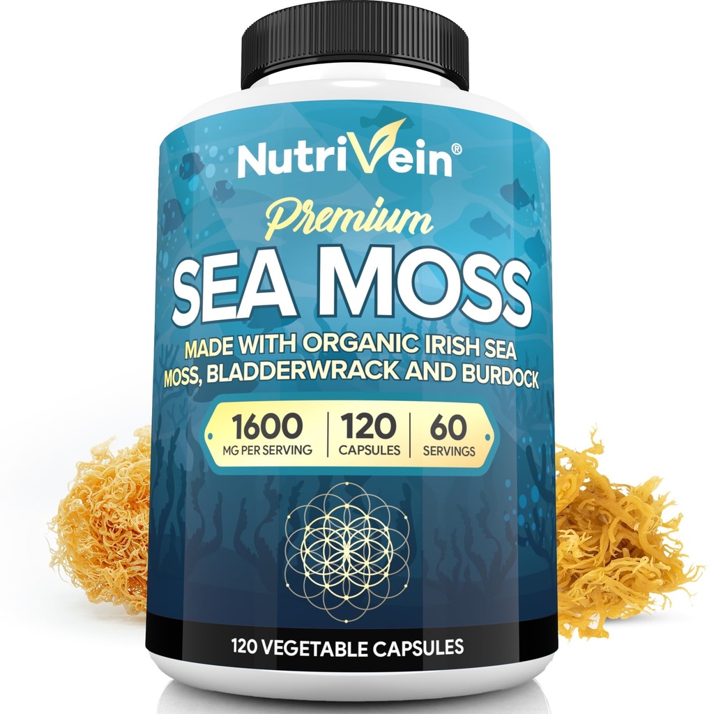 Nutrivein Organic Sea Moss 1600mg Plus Bladderwrack & Burdock - 120 Caps for Adults - Prebiotic Super-Food - Immune System " Digestive Health - Thyroid, Skin, Keto Detox, Gut, Joint Support