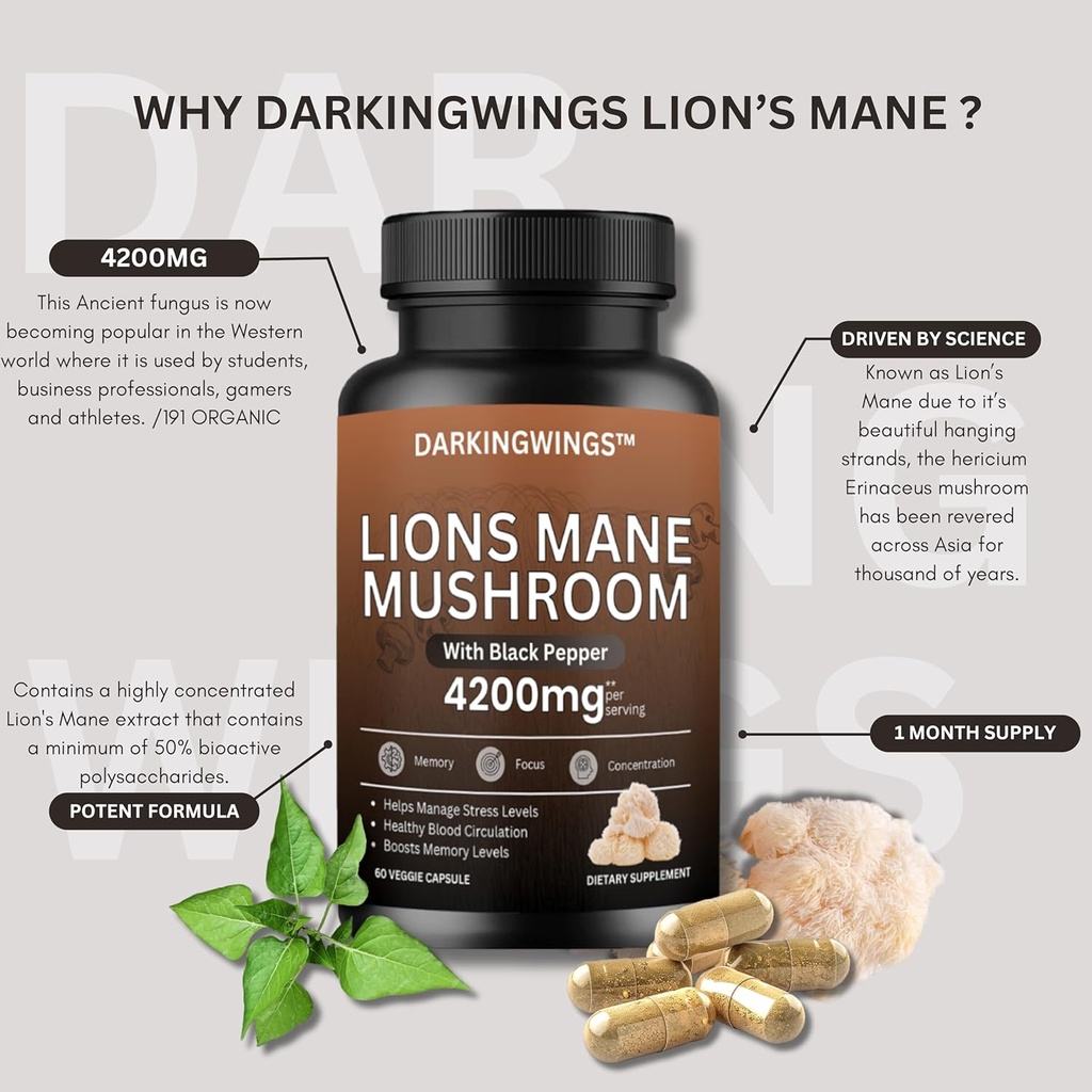 Lions Mane Mushroom Capsules | 4200mg Lion’s Mane Mushroom Powder | Mushrooms Supplement Capsules for Brain Health & Support Immune Health 60 Veg