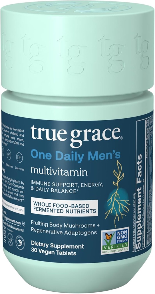 True Grace One Daily Men’s Multivitamin Fermented Minerals, Organic Adaptogens & Mushrooms Full Body Balance Immune, Endurance, Bone & Heart Support - Non-GMO, Gluten Free - 30 Vegan Tablets