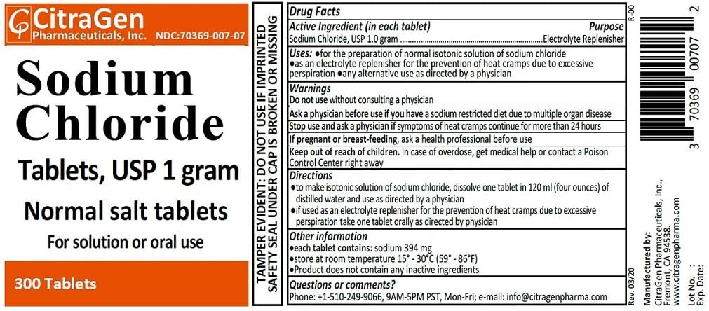 Sodium Chloride Tablets 1 gm, USP Normal Salt Tablets - 300 Tablets (1 Pack of 300 Tablets) by CitraGen Pharmaceuticals, Inc.