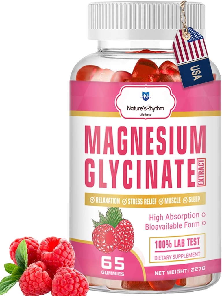 Nature's Rhythm Magnesium Gummies 500mg - 65 Ct peru Magnesium Glycinate Suplementos para la relajación, el alivio del estrés y el sueño para adultos &amp; niños Tasty y Tangy Raspberry Flavor