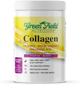 Greenfield Nutritions Halal Collagen Peptides Polvo - 9g Halal Protein Probiótico, Biotina, Ácido Hialurónico " Vitamina C - 270g Halal Collagen for Women " Men - Supports Hair, Skin, Nails, Joints " Gut
