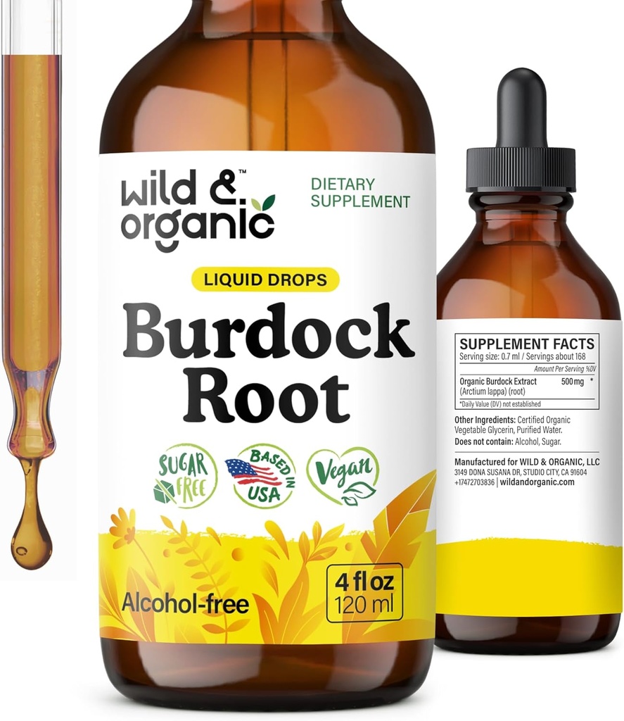 Wild & Organic Burdock Root Tincture - Suplemento líquido para antioxidantes, detox, soporte digestivo - Burdock Root Herb Drops - Vegan, Azúcar &amp; Alcohol-Free - 4 fl oz
