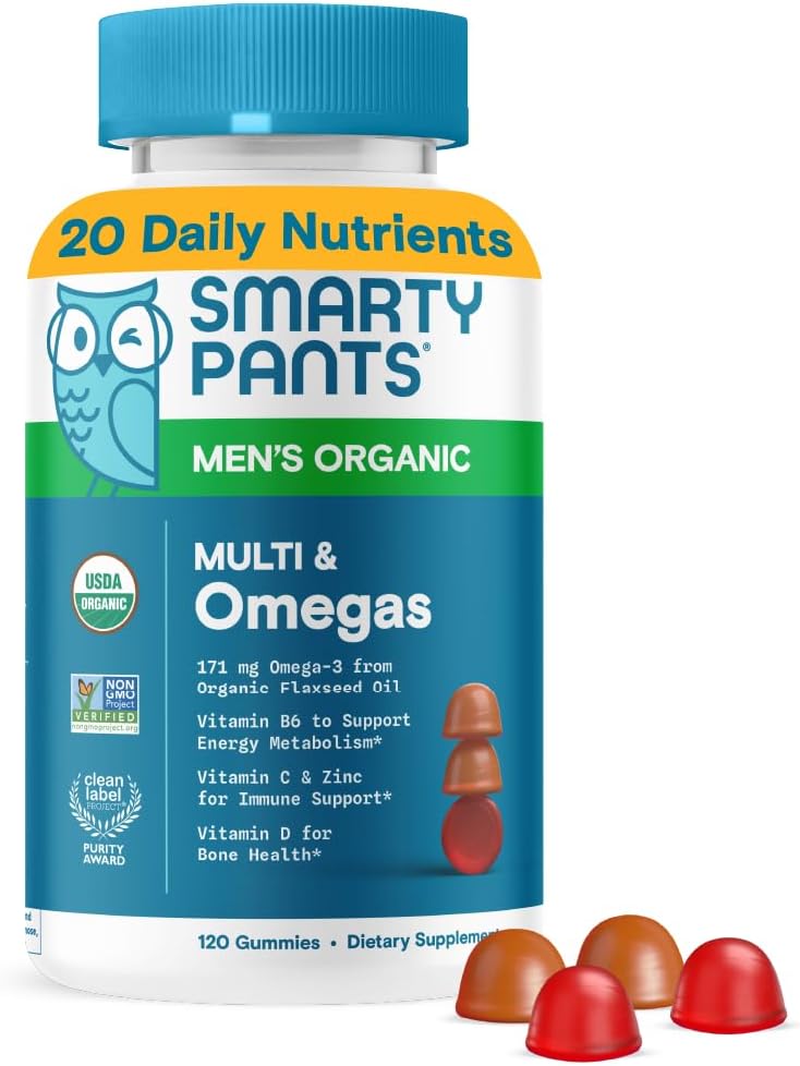 SmartyPants Multivitamin for Men, Organic Gummies: Methylfolate, Omega 3 (ALA), Vitamina D3, C, Vitamina B12, B6, A, K & Zinc for Immune Support, Biotin, Vegetarian, 120 Gummies (30 Day Supply)