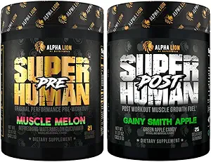 ALPHA LION Superhuman Pre Workout Powder & Post Workout Recovery Bundle, Sustained Energy & Focus + Lean Muscle Growth, Strength & Volume (Muscle Melon & Gainy Smith Apple)