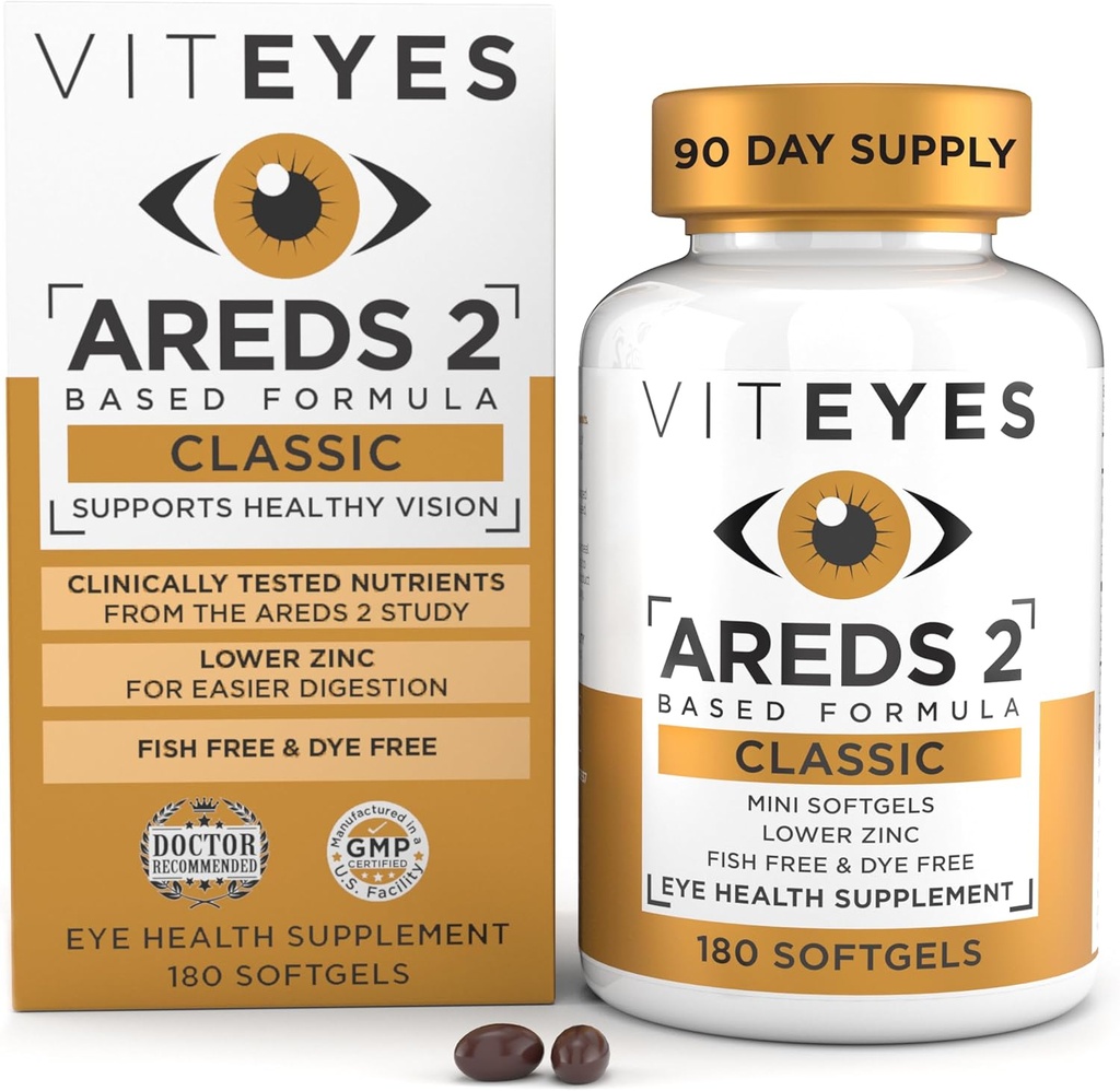 Viteyes AREDS 2 Classic Macular Health Fórmula Softgels, Salud Ocular Vitamina para apoyar la salud Macular, Zinc Bajo, Vitaminas Oculares, Vitaminas Maculares, Beta-Caroteno Gratis, 180 Softgels