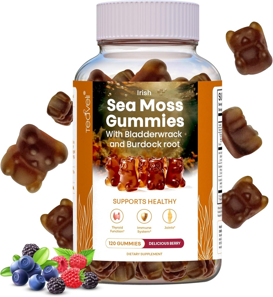 Irlandés Moss Gummies – 120 Delicious Berry Vegan Seamoss Gummies with Burdock Root, Seamoss & Bladderwrack – Gummy Vitamins to Support a Healthy Thyroid, Gut & Immune – for Adults & Kids