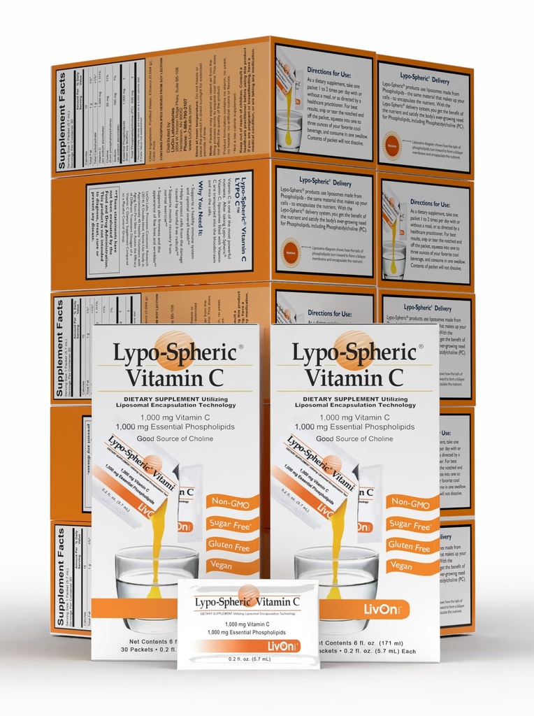 LivOn Laboratories Lypo–Spheric Vitamin C – 1,000 mg Vitamina C & 1,000 mg Fisfolípidos esenciales por paquete – Liposome Encapsulado para una absorción mejorada – No GMO(12 Cartones,360 Packets)