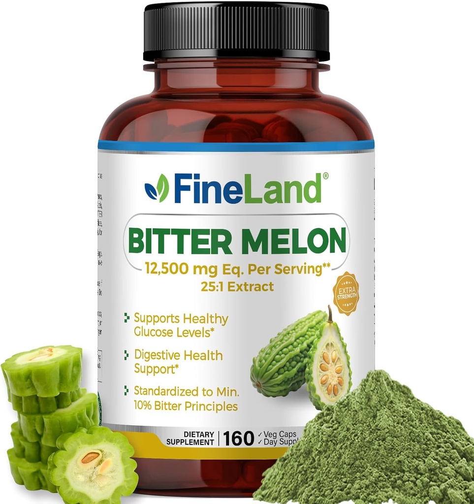 FineLand Bitter Melon 25:1 Extracto 12.500mg Strength, 10% Bitter Principles, 160 cápsulas Vegan, apoya la salud digestiva, Standardizado y concentrado 25X Extract, Non-GMO Made in USA