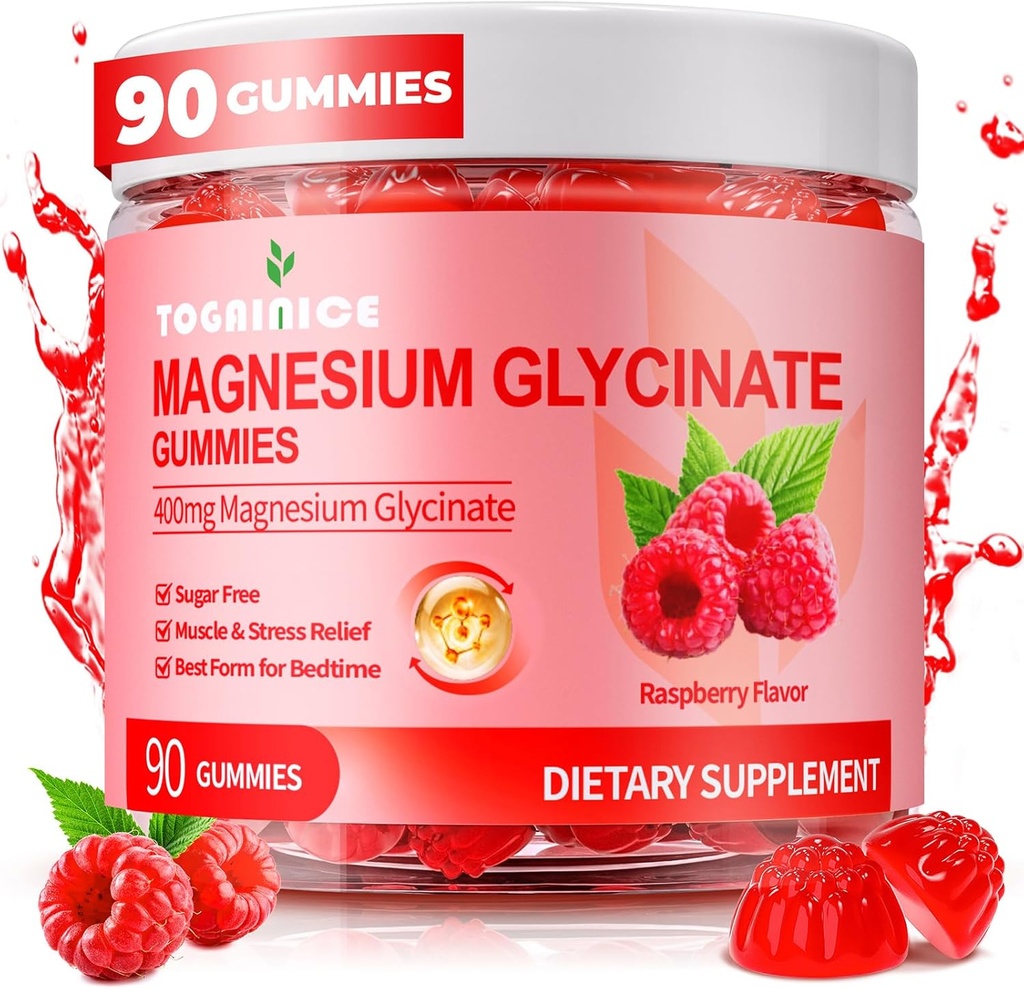 Magnesium Glycinate Gummies 400mg para Adultos &amp; Niños,90 Ct Azúcar Gummies de Magnesio Libre con suplemento de potasio Magnesio para Hombres,Sleep Msucle & Engergy Support,Raspberry Flavor