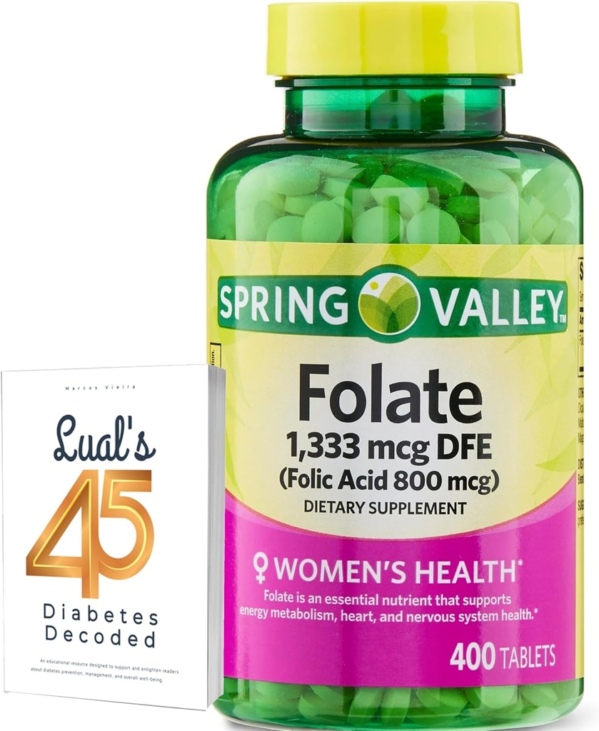 Folate 1,333 mcg. Spring Valley Folate Dietary Supplement, 1,333 mcg DFE, 400 Conde, Folate Supplement for Women Pregnancy, Folic Acid 800 Bundle with Luall's 45 Diabetes Decoded