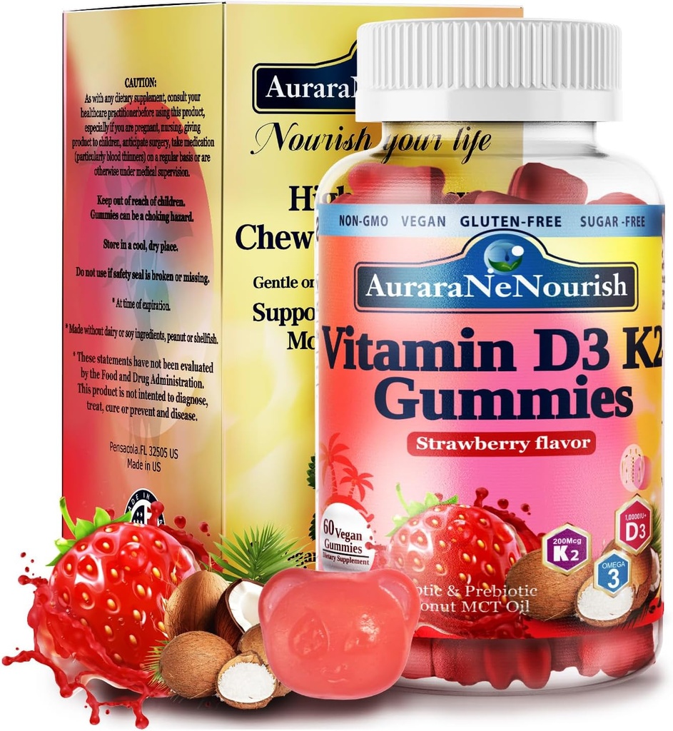 D3 K2 Vitamina 10000 UI, Vitamina Gratuita de Azúcar D3 K2 Gummies w. Pro " Pre, Vitamina Chewable D3 y K2 (MK-7) Suplementos para la salud de huesos, dientes, inmune, corazón " , absorción de calcio